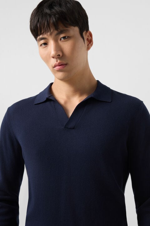 Garry Knitted Polo Long-Sleeved Top In Navy Blue