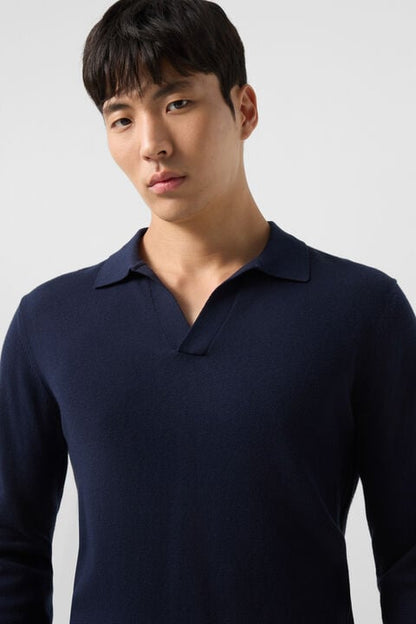 Garry Knitted Polo Long-Sleeved Top In Navy Blue
