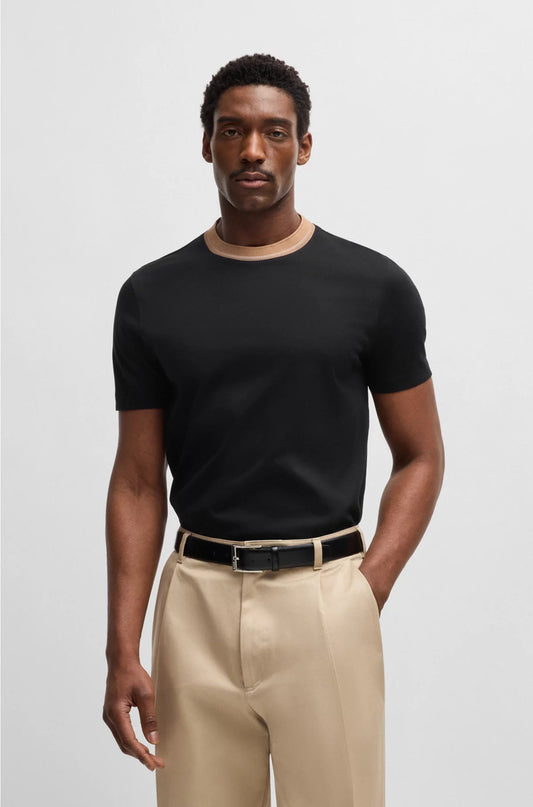MERCERISED-COTTON SLIM-FIT T-SHIRT WITH COLLAR STRIPE